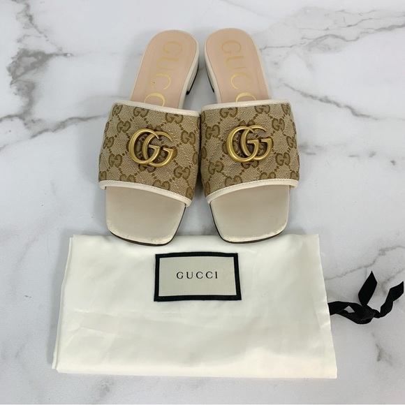 GUCCI Monogram Matelasse GG Marmont Flat Slide Sandals Beige Ebony Mystic White - Picture 3 of 15